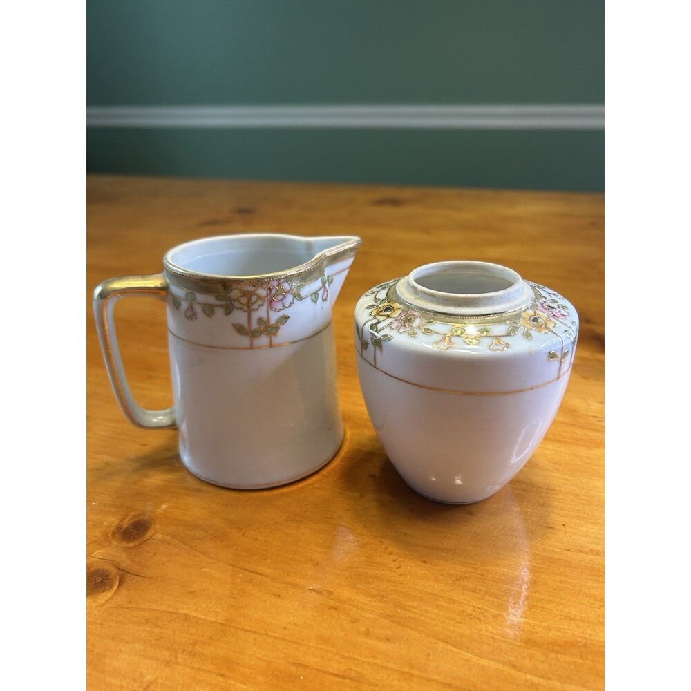 Nippon Hand Painted Porcelain Floral Vase And Small Pitcher, Matching, Vintage